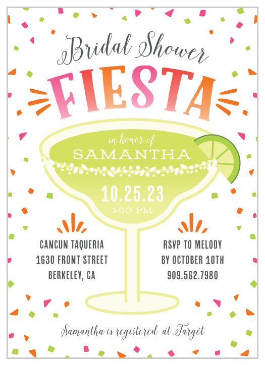 Set the stage for a real party with our Fiesta Margarita Bridal Shower Invitations.