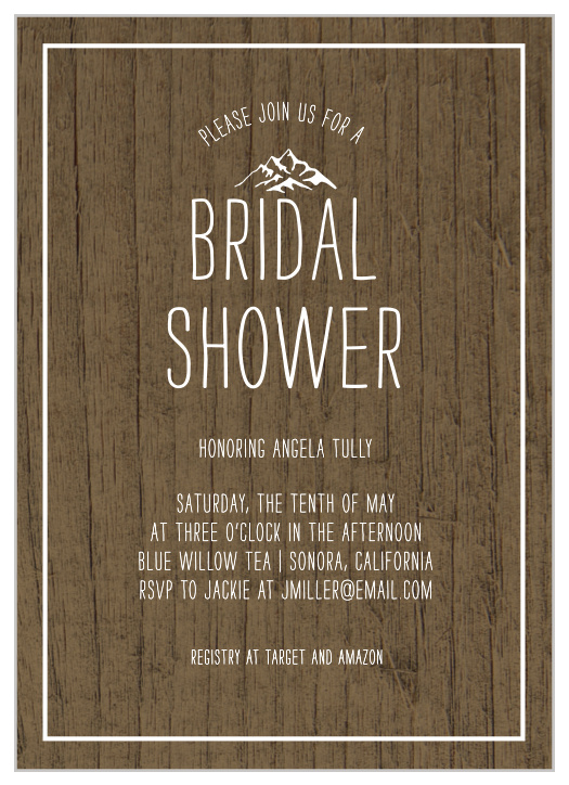 Our Rustic Mountainside Bridal Shower Invitations offer an elegant, nature-based design for your big day.