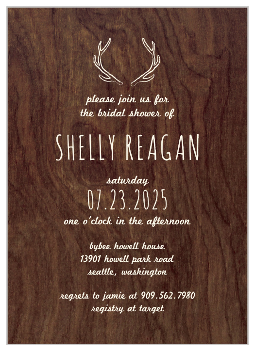 Our Wooden Antlers Bridal Shower Invitations are just what you need for your pre-wedding festivities.