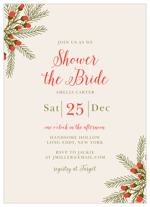 Gather your close friends and family together for some pre-wedding festivities with the classic look of our Evergreen Berries Bridal Shower Invitations!