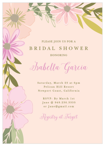 The delicate, light coral background on our Beauteous Blossoms Bridal Shower Invitations creates the perfect tone for this formal card.