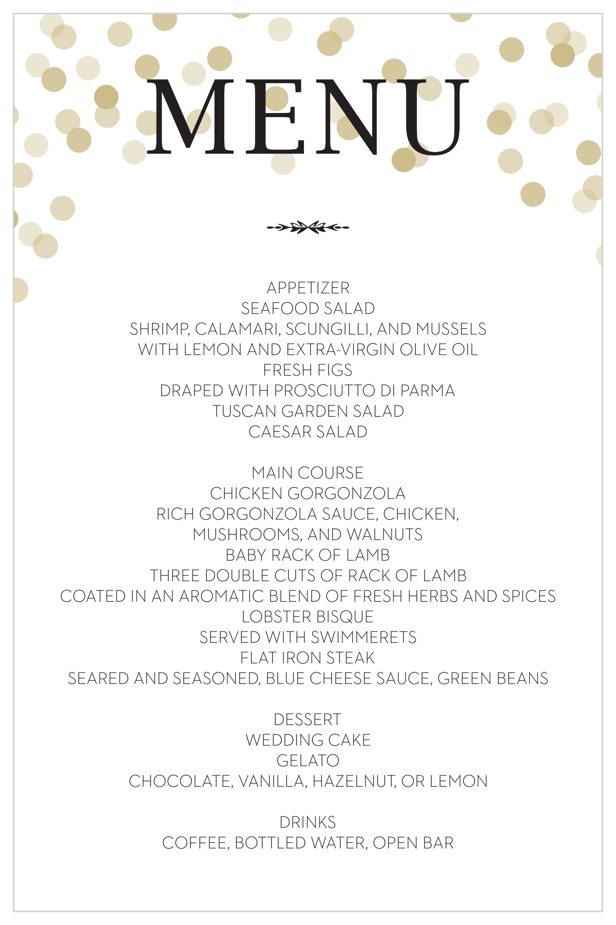 Glamorous Confetti Wedding Menus