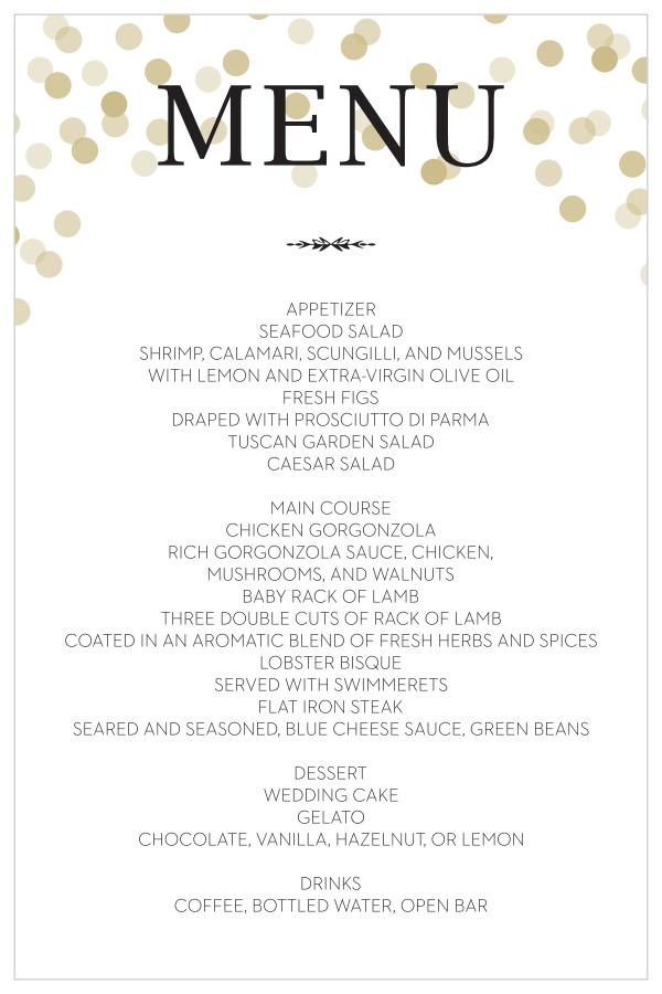 Glamorous Confetti Wedding Menus