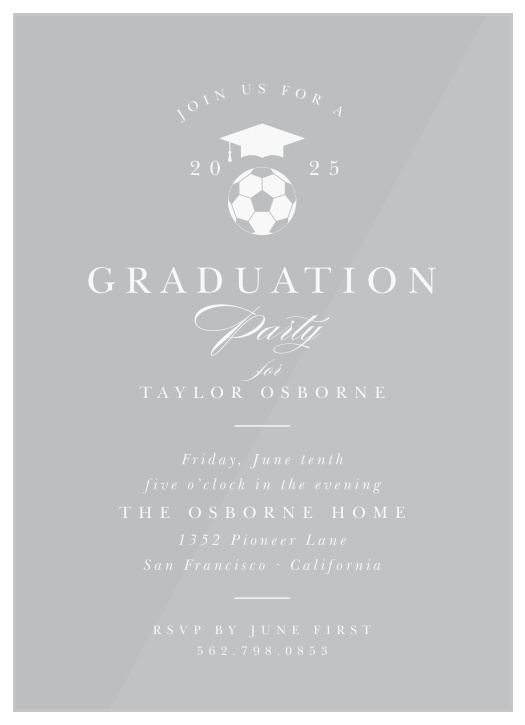 Invite all of your supportive family and friends to your after-graduation celebrations with our Soccer Star Clear Graduation Invitations!