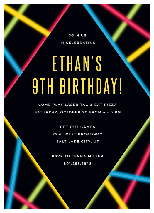 Let the fun begin with our Neon Laser Children's Birthday Party Invitations! Colorful neon lasers are scattered across this card with all your information centered inside a diamond.