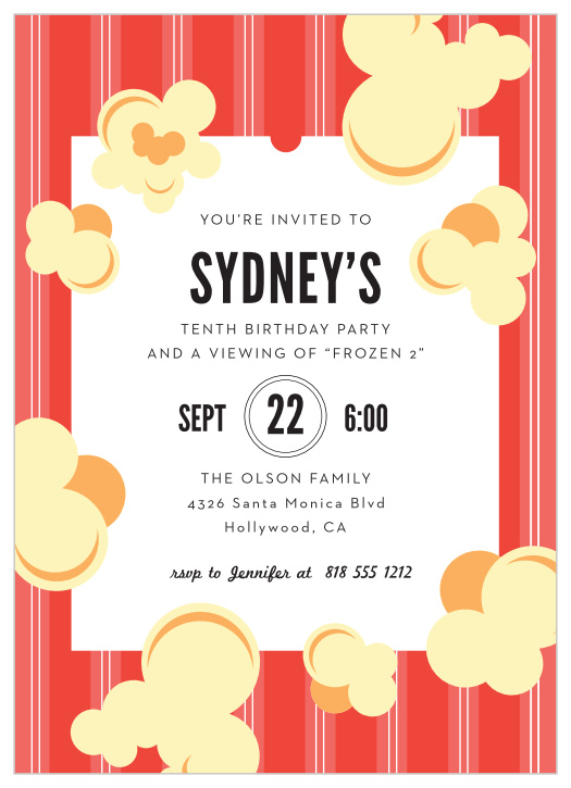 Get ready to chow down on some popcorn to your favorite films when you invite all of your best friends to your party with our Movie Night Children's Birthday Party Invitations!