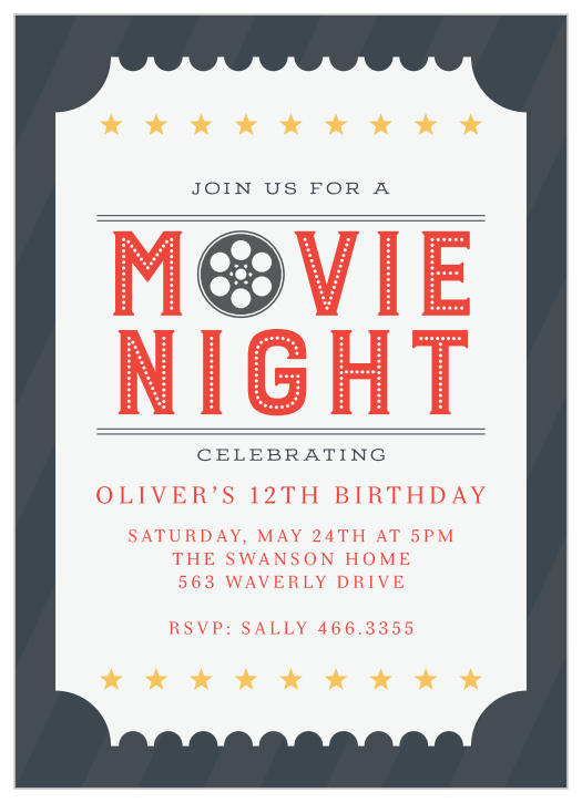 Get ready to switch on the big screen and gather up your favorite snacks when you invite your friends to your party with our Movie Night Children's Birthday Party Invitations!