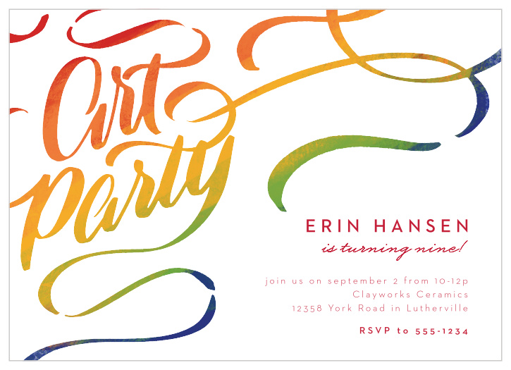 Bring close friends and family together to celebrate the upcoming big day with the colorful look of our Rainbow Art Party Children's Birthday Party Invitations.