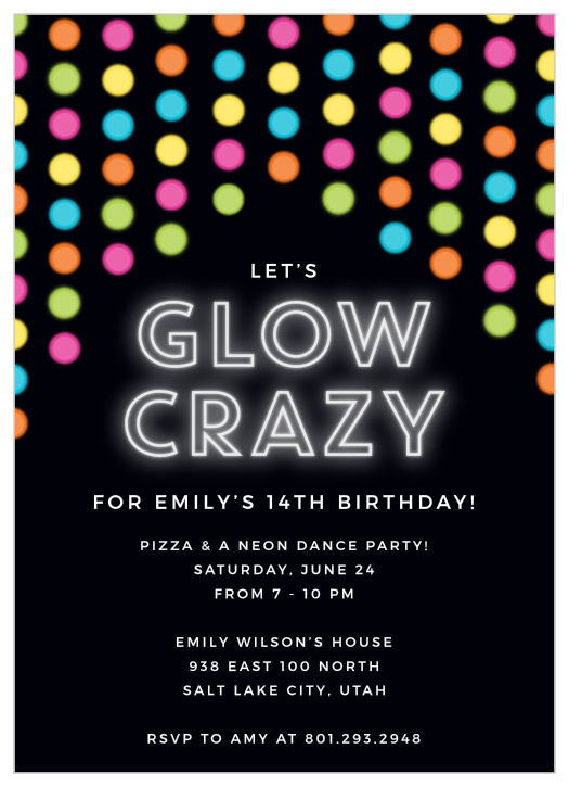 Liven up the party with our Glow Party Children's Birthday Party Invitations. This design features bright neon dots varying in colors across the top of the card.