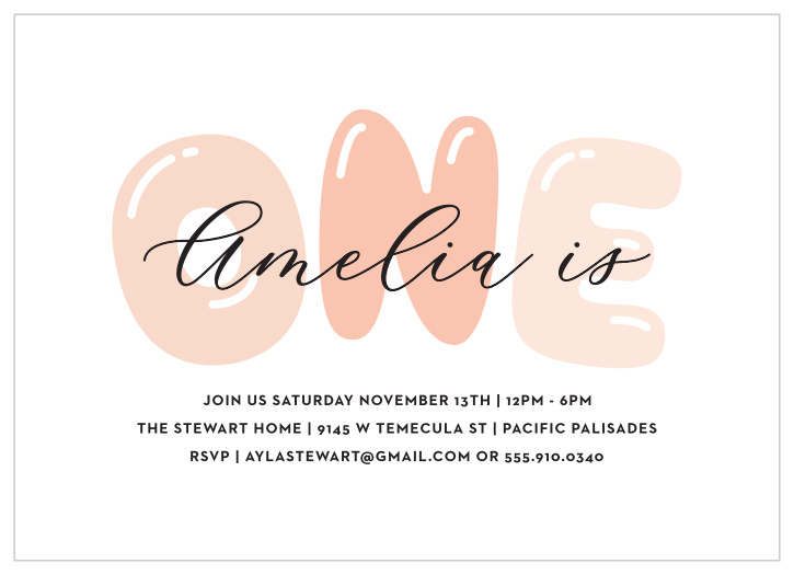 Playful letter-shaped mylar balloons float against a soft background. Customize your Balloon One Children's Birthday Party Invitations by invite today! Perfect for your little one's first birthday celebration.