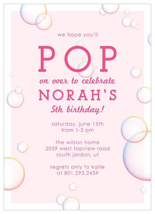 Ask if your friends and family will POP on by to your party by sending out our Rainbow Bubbles Children's Birthday Party Invitations.