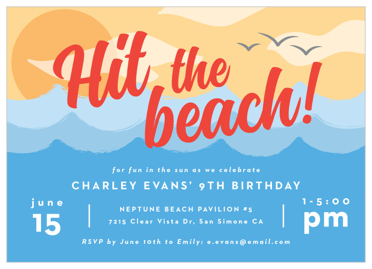 Our Hit The Beach Children's Birthday Party Invitation offers hundreds of font and color options, these children's birthday party invitations are sure to the perfect day at the beach!