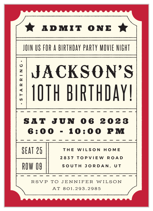 Reserve space on your sofa for your favorite people by inviting them to your movie night birthday with our Admit One Children's Birthday Party Invitations!