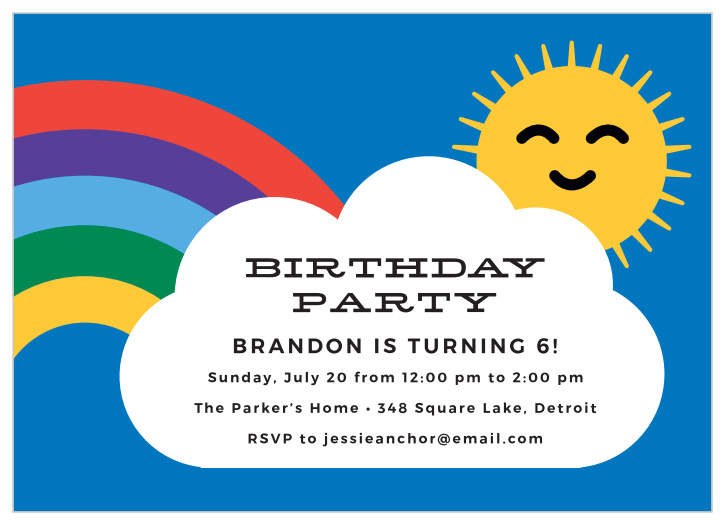 Gather your close friends and family together to celebrate your upcoming special day with our Rainbow & Sun Children's Birthday Party Invitations.