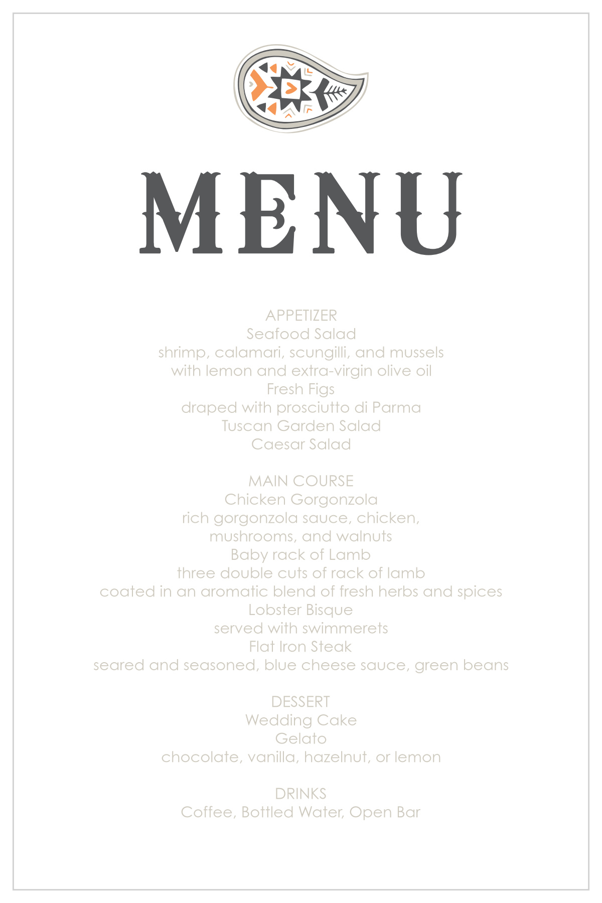 Modern Paisley Wedding Menus