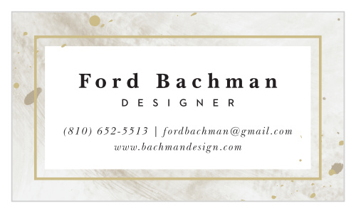 Elegant and refined our Mod Gallery Business Cards are perfect to fit any color palette. Choose a contrasting color for the frame and splatter texture or gold foil. Centered in the frame is a white space to allow for the legibility of your grey name and contact information against the customizable background. 