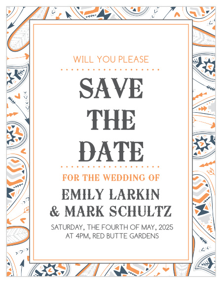 Our Modern Paisley Save the Date Card is modern yet classy! With this trending design, you can change all the colors in order to match your wedding scheme. Personalize the card and see your modifications instantly!