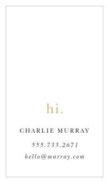 A playful hi hovers above your name or business name and contact information with customizations of your favorite color and font combinations, these cards will perfectly represent your expertise.