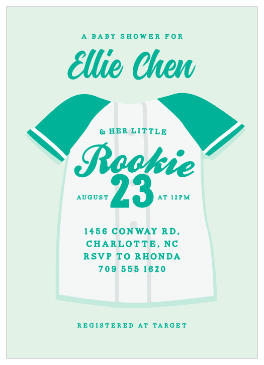 Knock this one out of the park with our Baseball Jersey Baby Shower Invitations. 