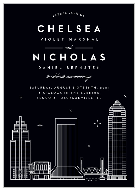 Our Jacksonville Skyline Wedding invitations perfectly lay out all of your wedding day details in a high-contrast design. 