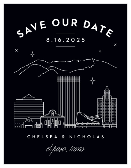 Ensure that your loved ones' calendars have your wedding date marked in their calendar with our El Paso Skyline Save-the-Date Magnets. 