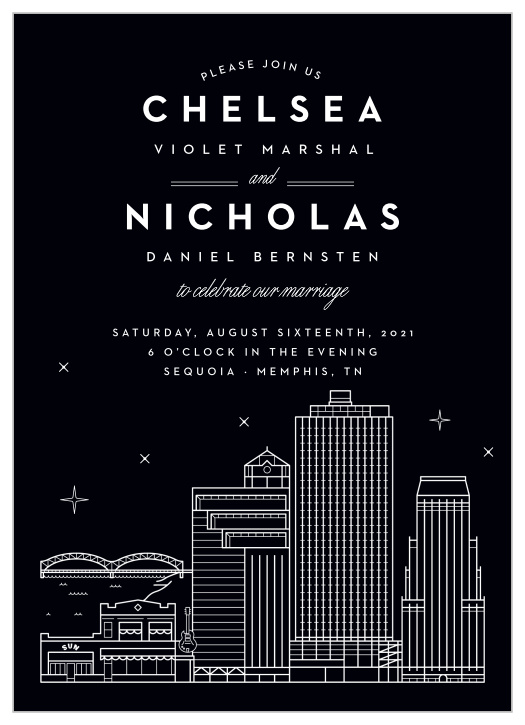 Our Memphis Skyline Wedding Invitations are perfect for laying out all of your wedding day details in a high-contrast design.