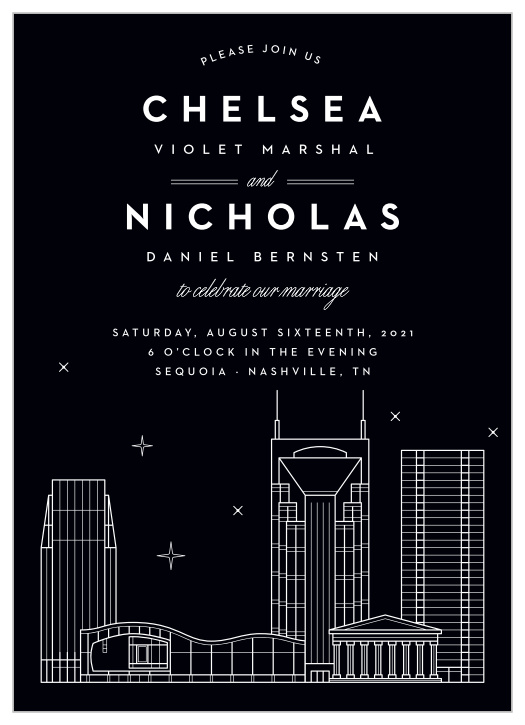 Lay out all of your wedding day details with the high-contrast design of our Nashville Skyline Wedding Invitations.