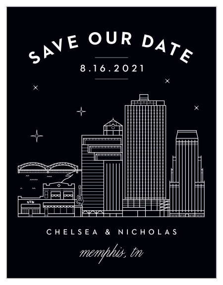 Ensure that your loved ones' calendars have your wedding date marked in their calendar with our Memphis Skyline Save-the-Date Magnets. 