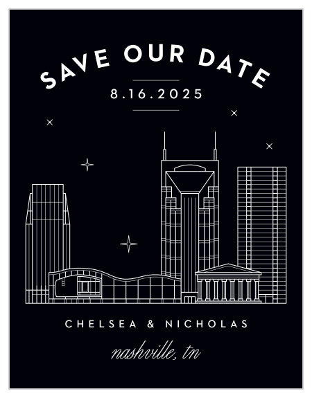 Ensure your close friends and family with mark their calendars for your special day with our Nashville Skyline Save-the-Date Magnets.