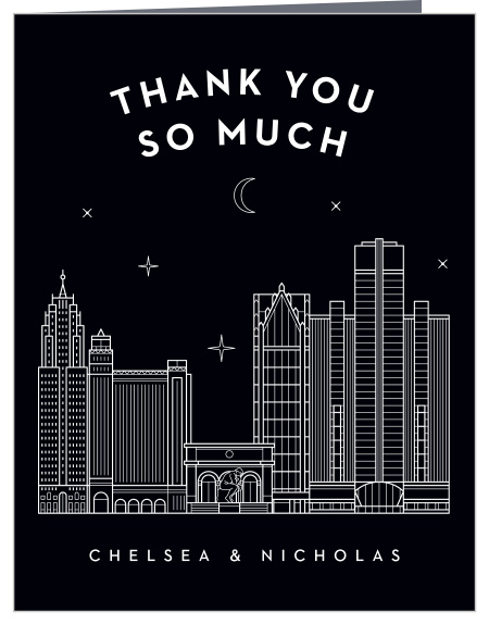 Show your appreciation with the beautiful Detroit Skyline Wedding Thank You Cards! Bold white text stands out against the jet black background ensuring your guests see every letter of your thanks.