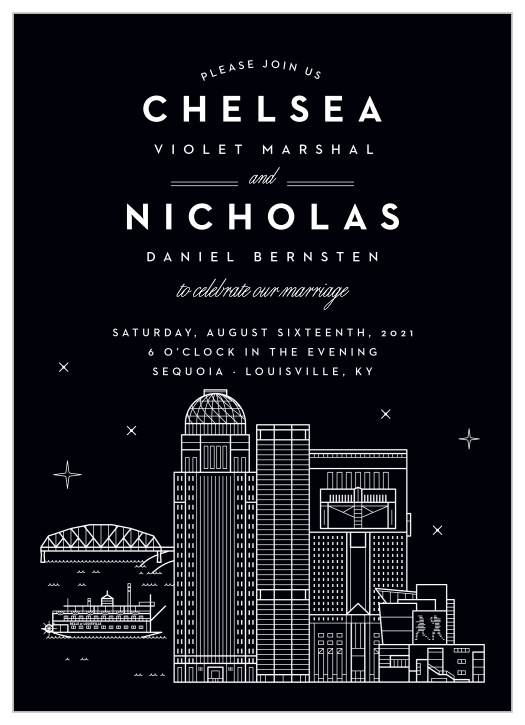 Our Louisville Skyline Wedding Invitations are perfect for laying out all of your wedding day details in a high-contrast design.