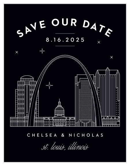 Ensure that your loved ones' calendars have your wedding date marked in their calendar with our St. Louis Skyline Save-the-Date Cards.