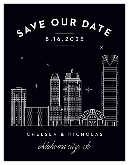 Give an unforgettable reminder with the Oklahoma City Skyline Save-the-Date Cards