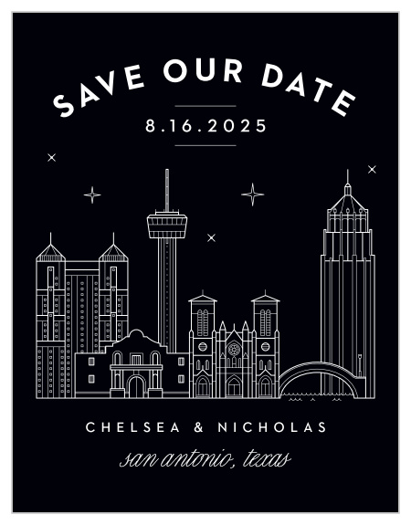 Ensure that your loved ones' calendars have your wedding date marked in their calendar with our San Antonio Skyline Save-the-Date Magnets. 