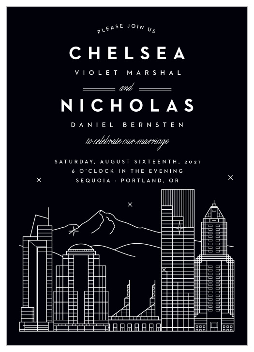 Bring your loved ones together to celebrate your big day with our Portland Skyline Wedding Invitations. 