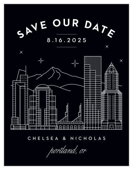 Be sure that your close friends and family mark their calendars for your wedding day with our Portland Skyline Save-the-Date Cards. 