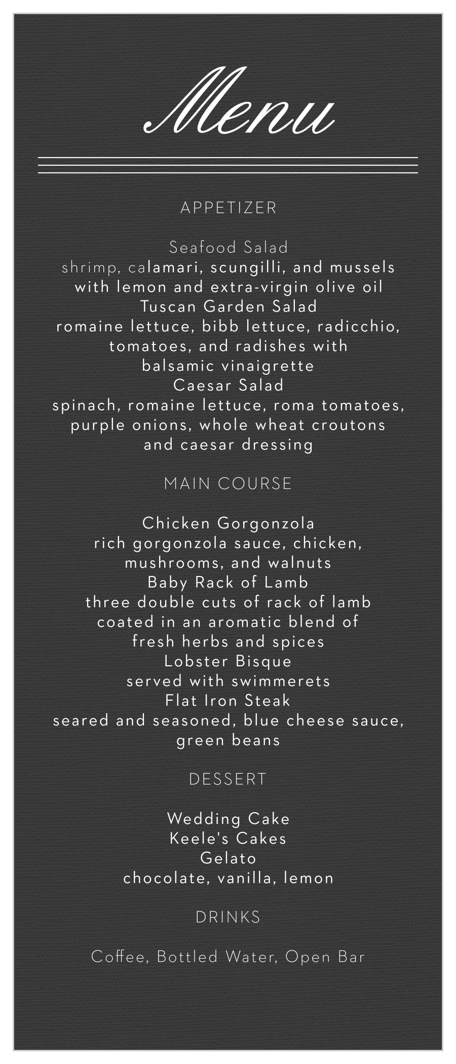 Elegant Simplicity Wedding Menus