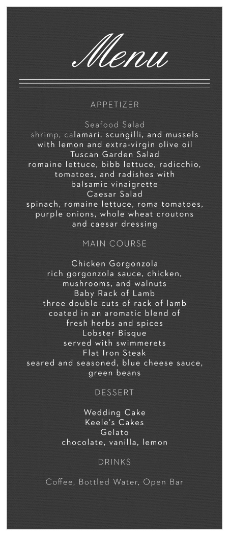 Elegant Simplicity Wedding Menus