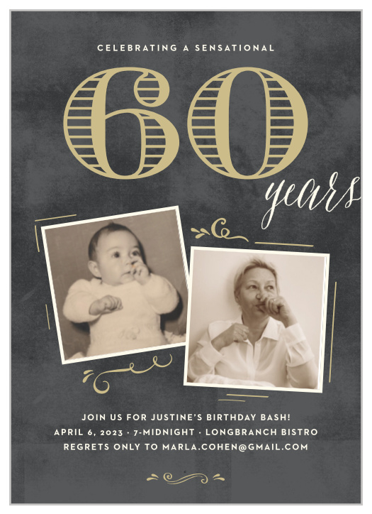 Show just how far you've come since your original birth-day to your 60th with our Sensational Sixty Milestone Birthday Invitations!