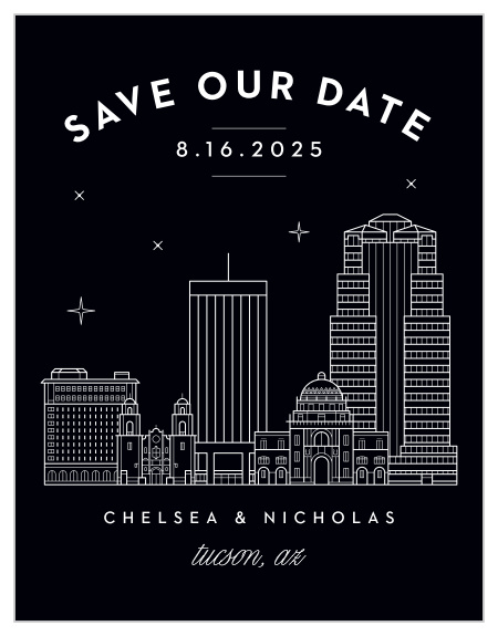 Our Tucson Skyline Save-the-Date Magnets are the perfect way to make sure your out of town guests can be there for your big day!

