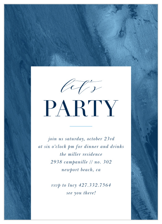 Marbled Azure Party Invitations will be the perfect choice for any of your life's big events. The elegant pairing of sophisticated marble details along with classic typography against a bright white background. 
