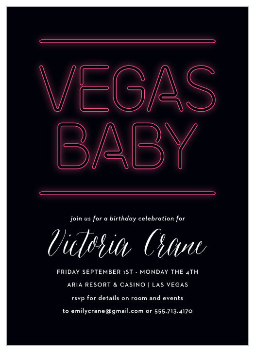 Gather all of your best friends together for a night out under neon lights with our Vegas Baby Adult Birthday Invitations!
