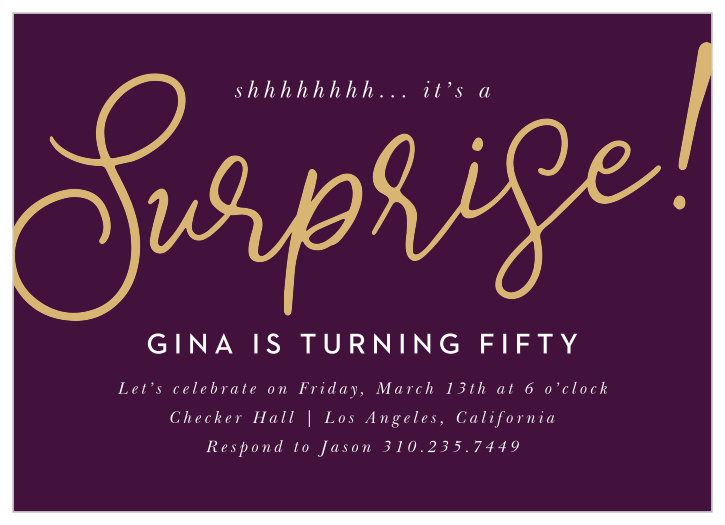 Give a heads up to all of the party guests about the upcoming 50th birthday celebration using our Shiny Surprise Milestone Birthday Invitations!