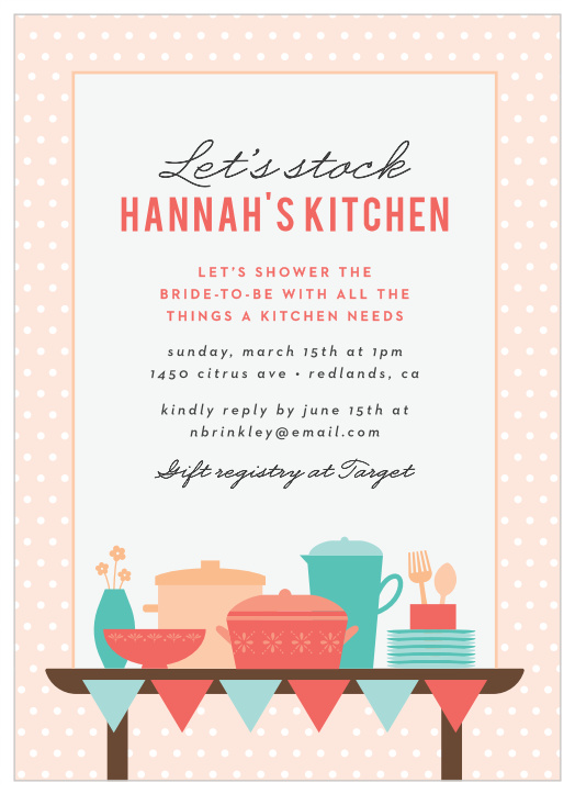 Invite your friends and family to help in pulling together supplies for your to-be kitchen, by sending out our Textile Kitchen Bridal Shower Invitations!