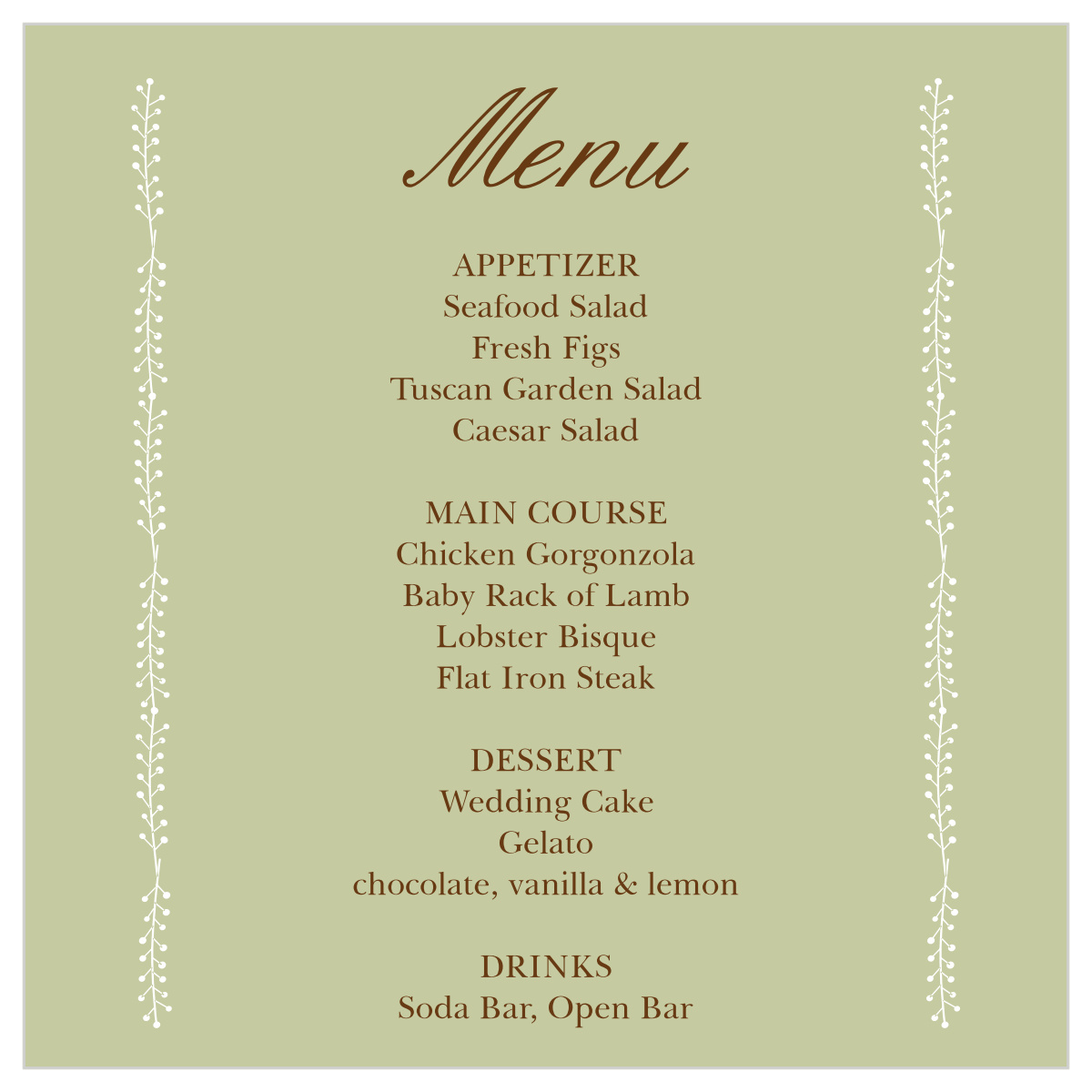 Flowering Border Wedding Menus