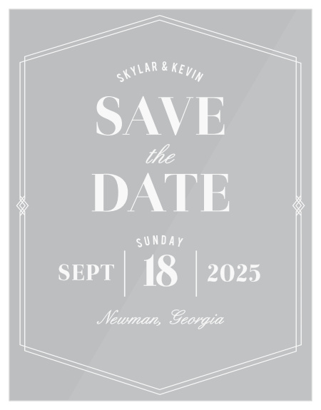 Set the stage for your wedding with our classy Deco Glam Clear Save the Date Cards. 