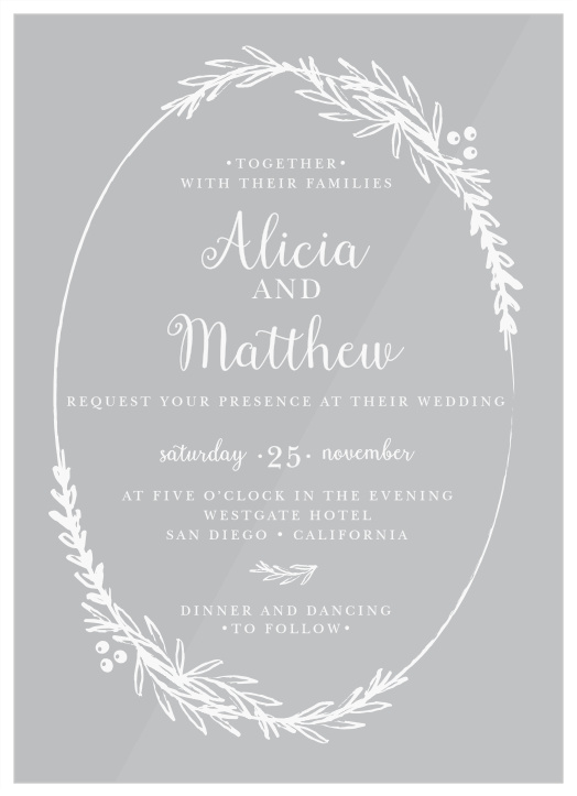 Frame your beautiful wedding invitation in a beautiful white wreath with the Delicate Laurel Clear Wedding Invitations.
