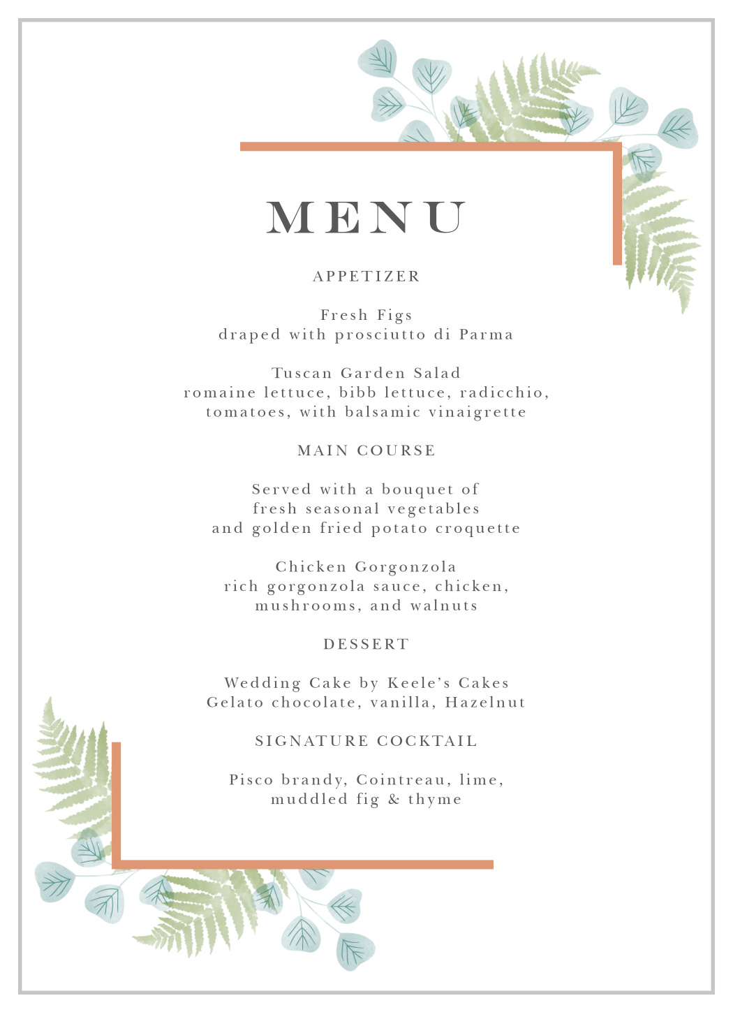 Angled Foliage Wedding Menus