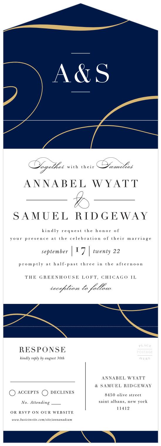 Our Twirling Ribbons Seal & Send Wedding Invitations are enveloped by streams of gold foil, causing the design to be anything but dull.