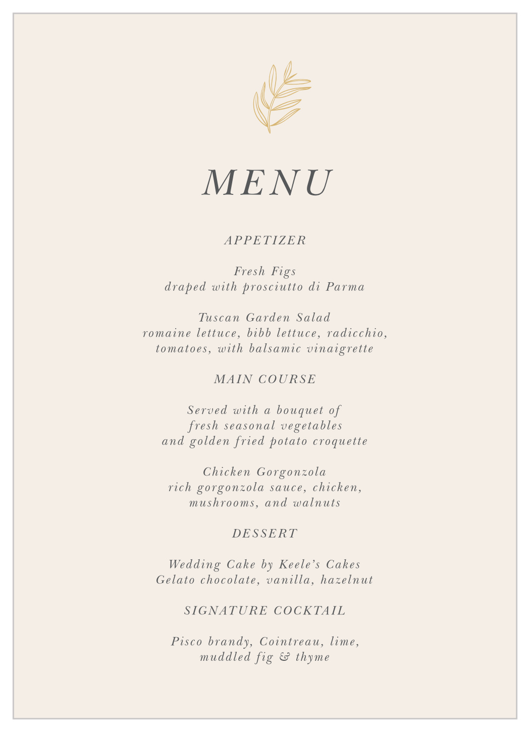 Centered Foliage Wedding Menus